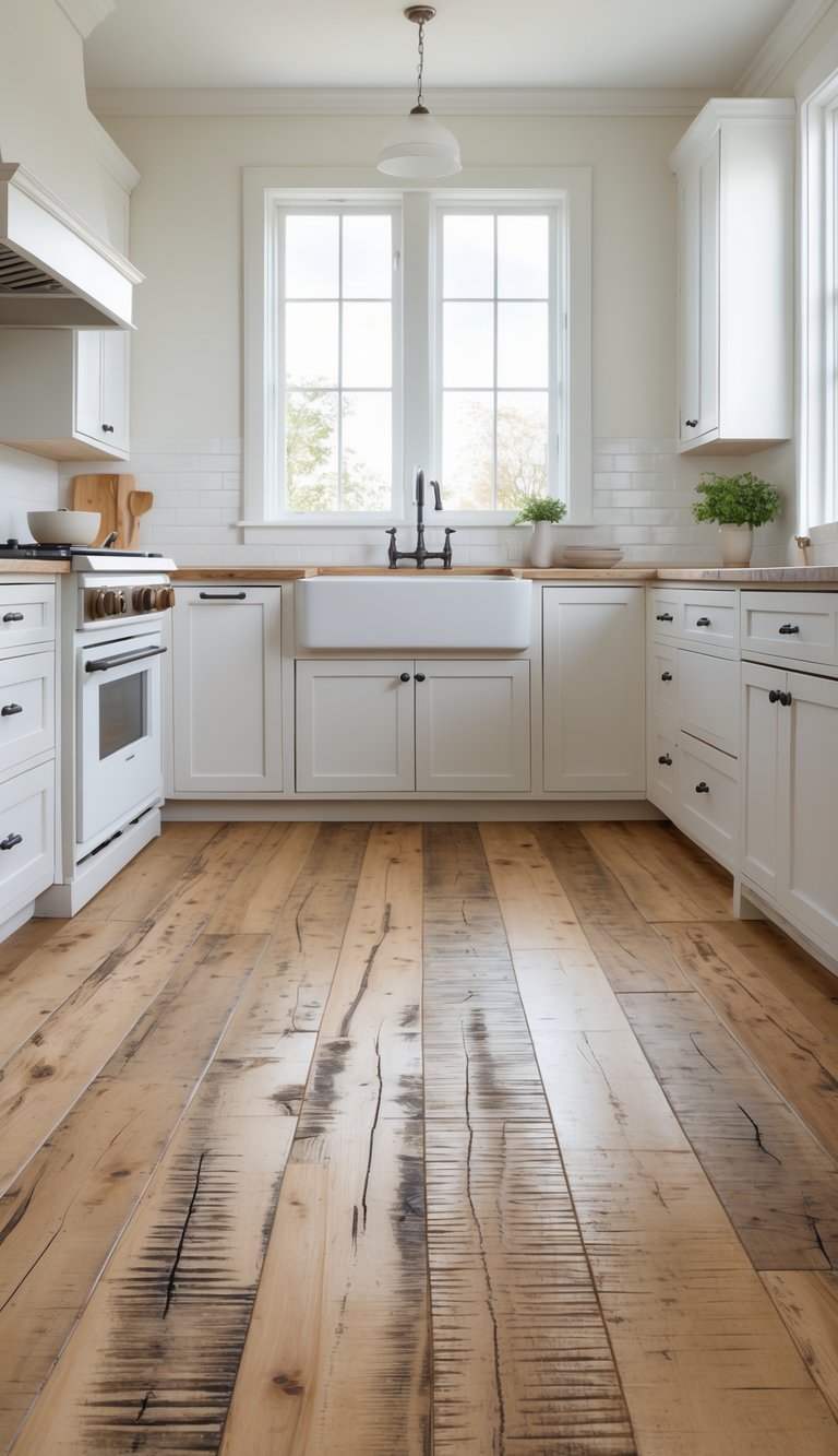 A farmhouse kitchen with hand-scraped hardwood floors, white cabinets, and natural light coming through large windows.