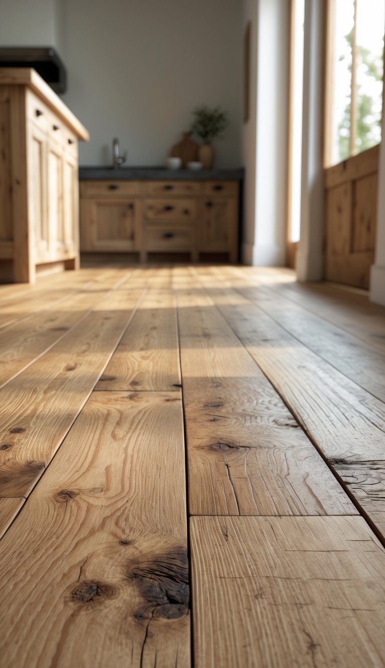 Close-up of hand-scraped hickory wood flooring in a rustic kitchen with wooden cabinets and natural light.