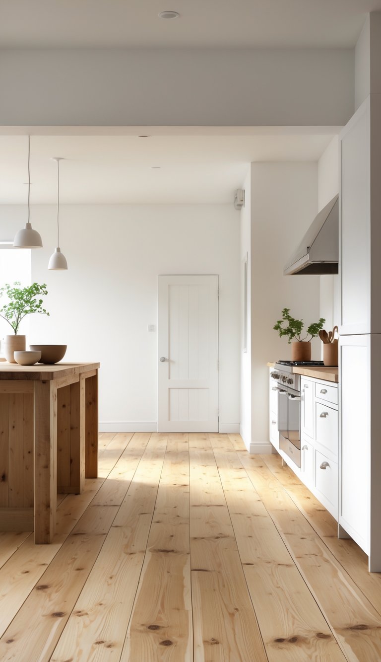 A rustic kitchen with wide plank pine flooring, white cabinets, and a wooden countertop with a small plant and bowl.