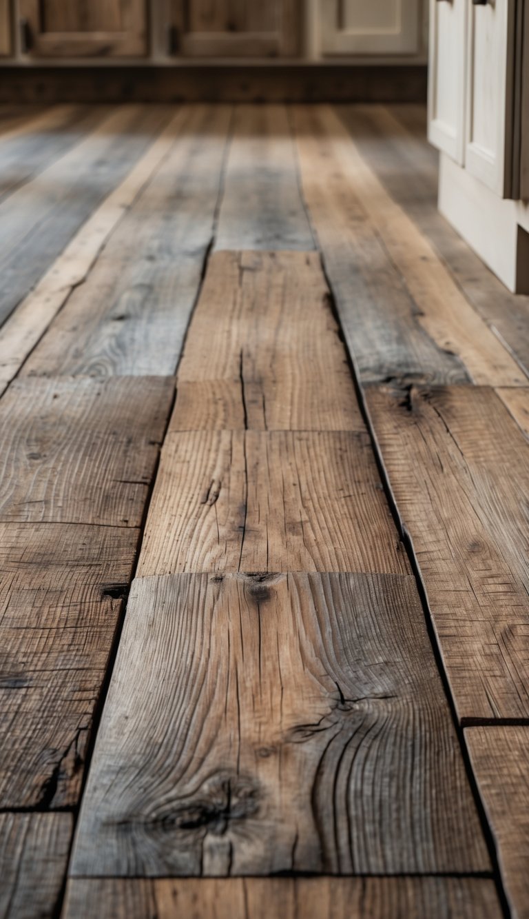 Close-up view of rustic reclaimed barn wood flooring in a kitchen.