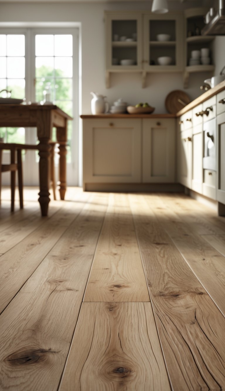Rustic kitchen with natural oak hardwood flooring, a wooden dining table, and neutral cabinetry.