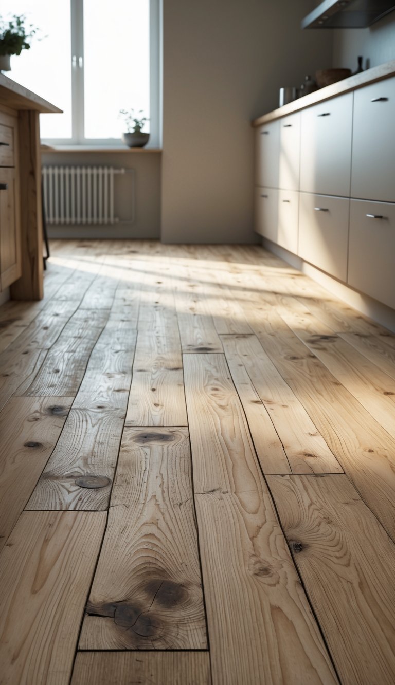 A rustic kitchen with distressed maple wood flooring and simple modern kitchen elements.