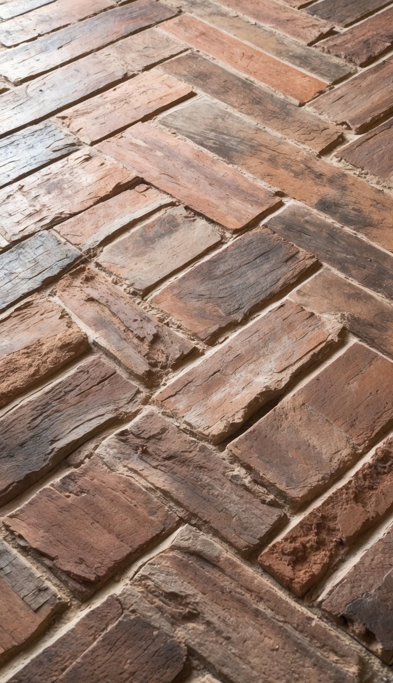 Close-up view of brick flooring arranged in a herringbone pattern with natural earthy tones.