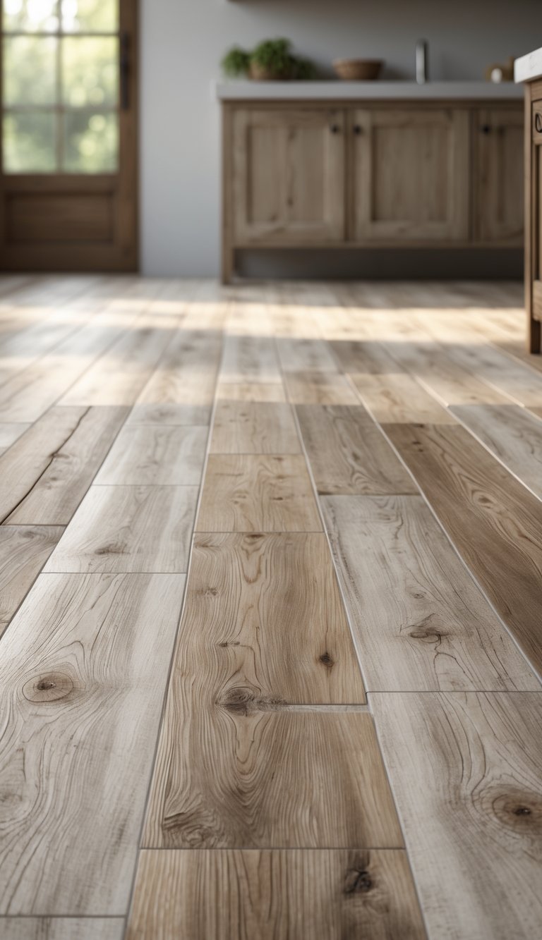 Close-up view of a rustic kitchen floor with porcelain tiles that look like natural wood.