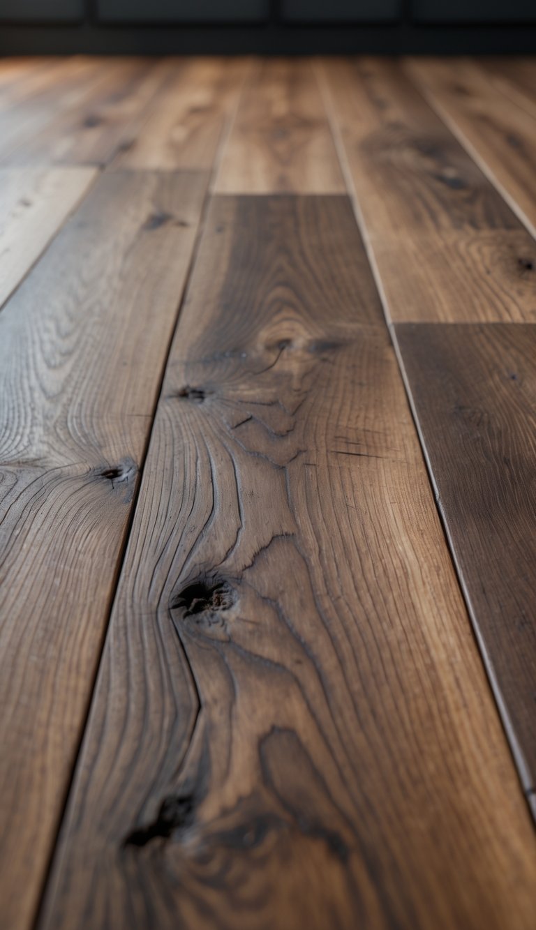 Close-up view of a walnut hardwood kitchen floor with a matte finish.