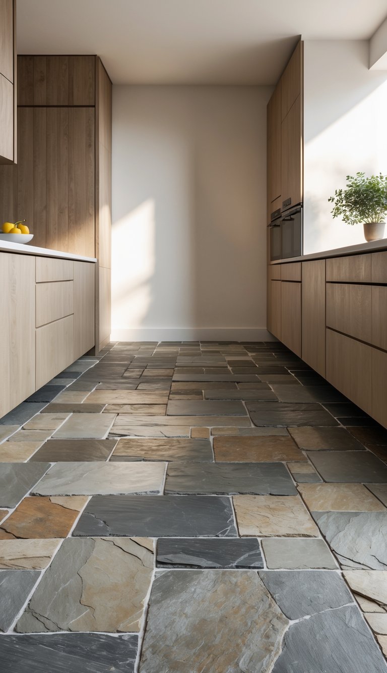 Rustic kitchen interior with stone slate flooring and wooden cabinets under natural light.