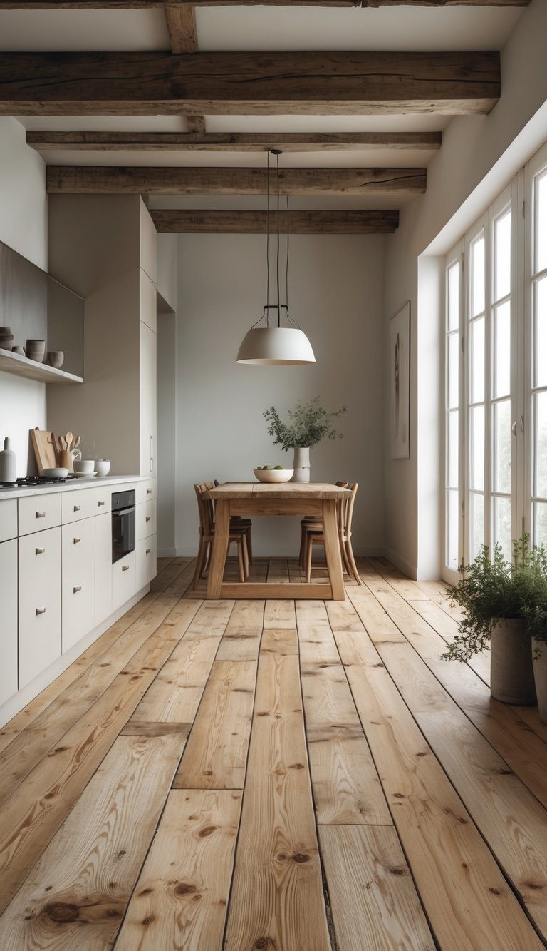 Rustic kitchen with wide pine plank flooring, simple cabinetry, wooden dining table, and natural light from large windows.