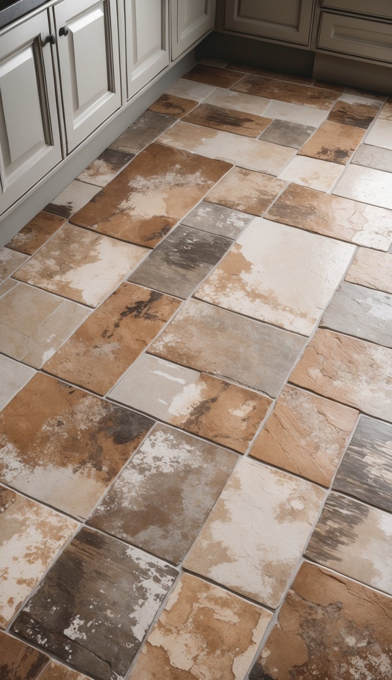 Close-up view of ceramic kitchen floor tiles with rustic patterns in earthy tones.