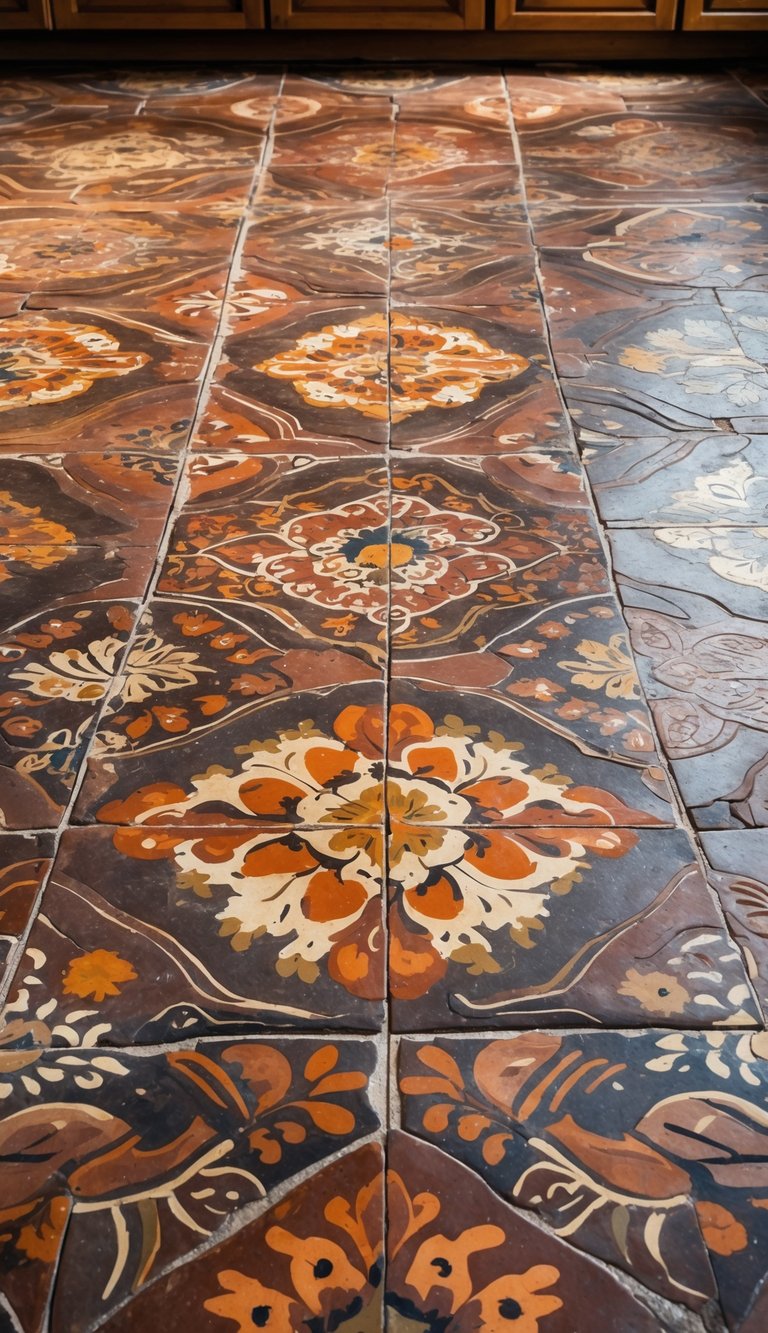 Close-up view of a rustic kitchen floor made of colorful hand-painted terracotta tiles arranged in a patterned layout.