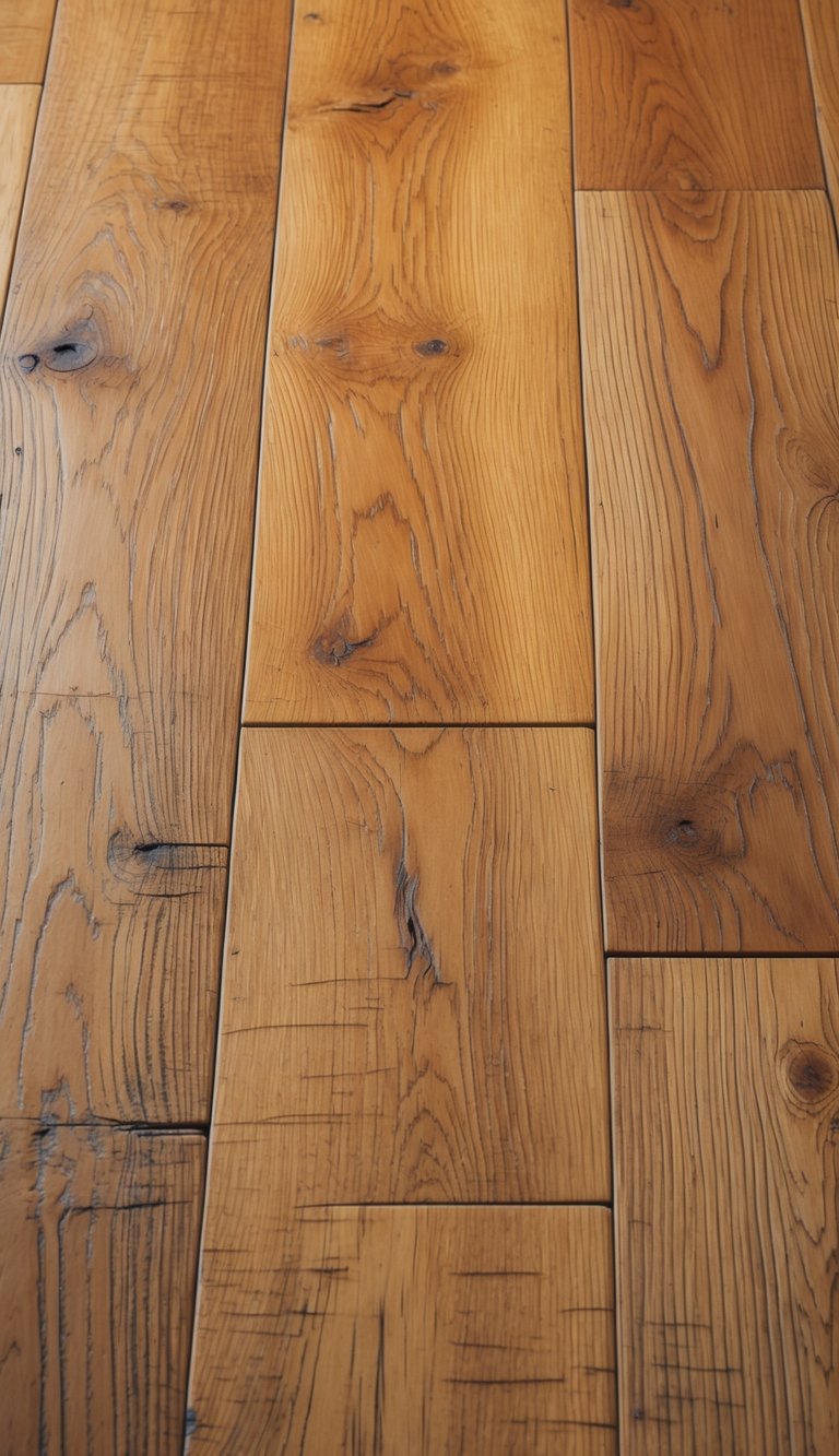 Close-up view of golden-toned hand-scraped hickory wood flooring with visible grain and texture.