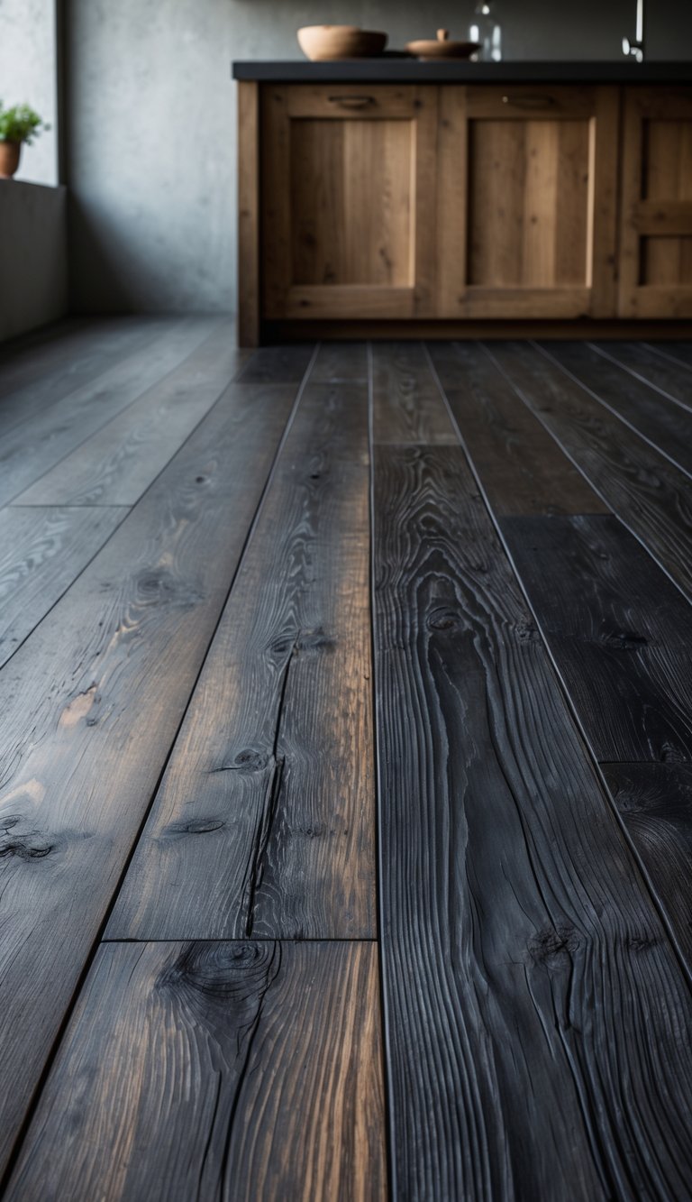 Close-up view of dark charred wood flooring in a rustic kitchen environment.