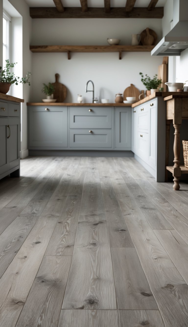 A rustic kitchen with weathered gray oak wood flooring and simple cabinetry, softly lit by natural light.