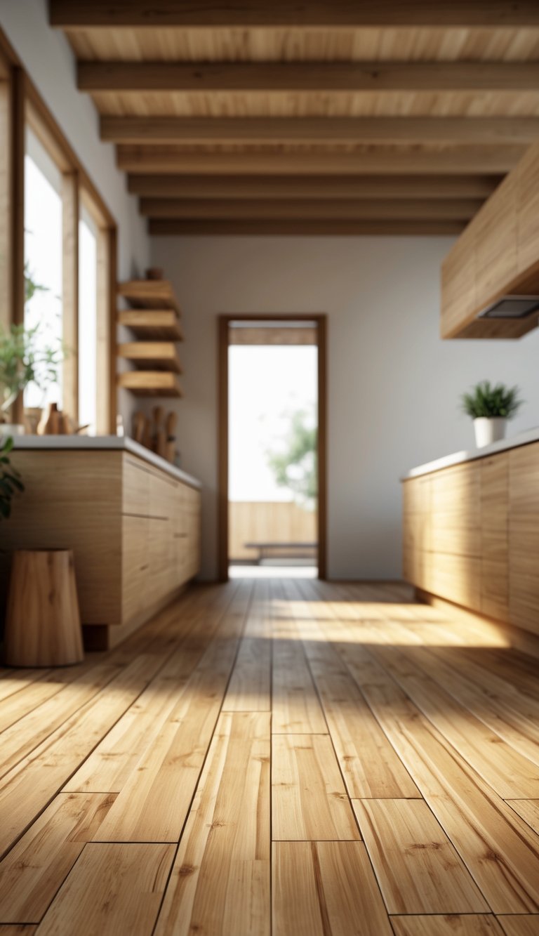 Close-up view of bamboo flooring in a kitchen with wooden cabinets and a countertop.