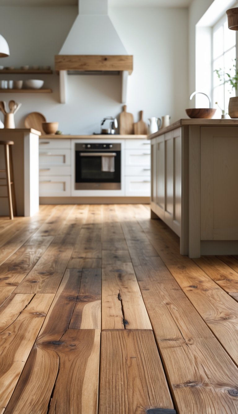 A rustic kitchen with warm reclaimed chestnut wood flooring, simple cabinetry, and natural light.