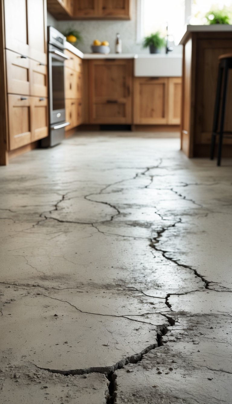 Close-up view of a kitchen floor with textured concrete and rustic finish, featuring wooden cabinets in the background.
