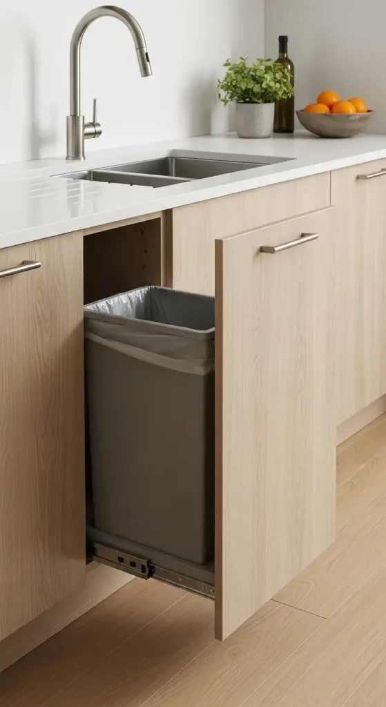 15 Kitchen Sink Cabinet Ideas for Stylish and Functional Storage Solutions 1 1) Custom-built cabinet with integrated pull-out trash bin