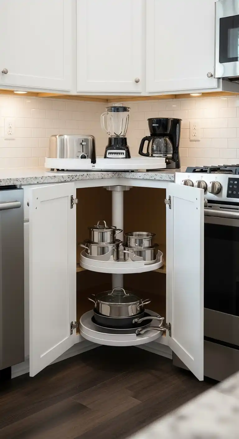 L Shaped Kitchen Designs: 13 Creative Ways to Maximize Space 2 1) Optimize corner storage with rotating lazy susans