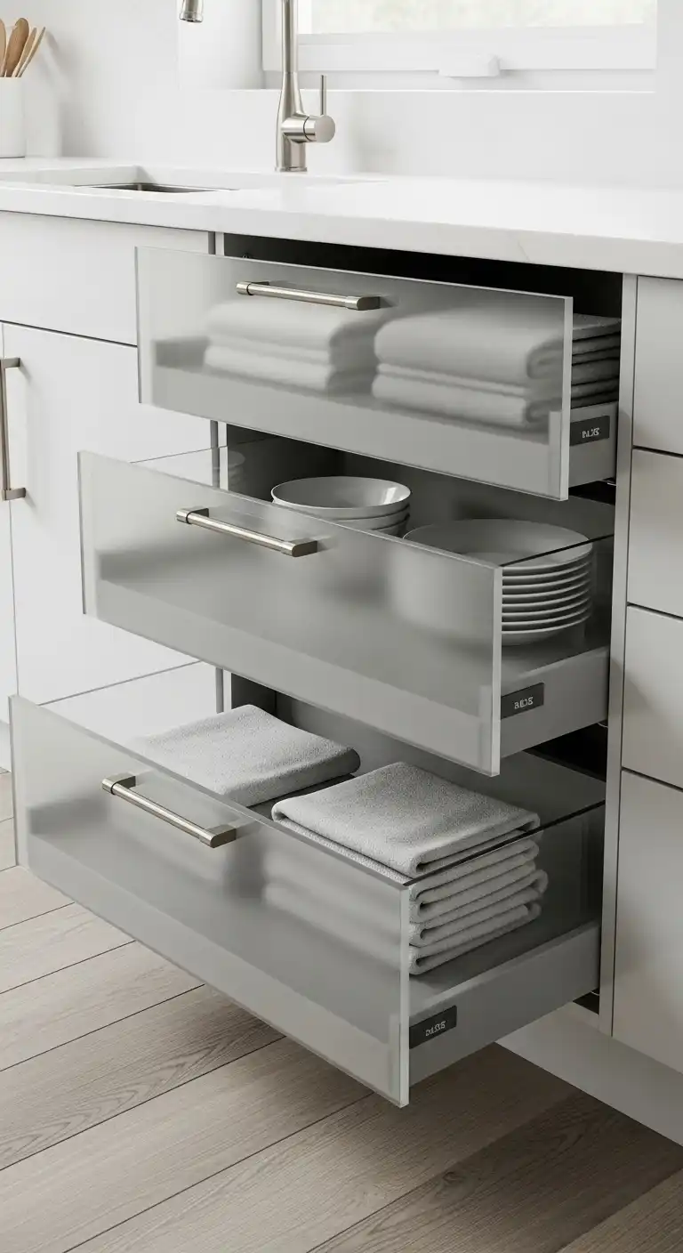 15 Kitchen Sink Cabinet Ideas for Stylish and Functional Storage Solutions 12 12) Modern sink cabinet with glass-front drawers