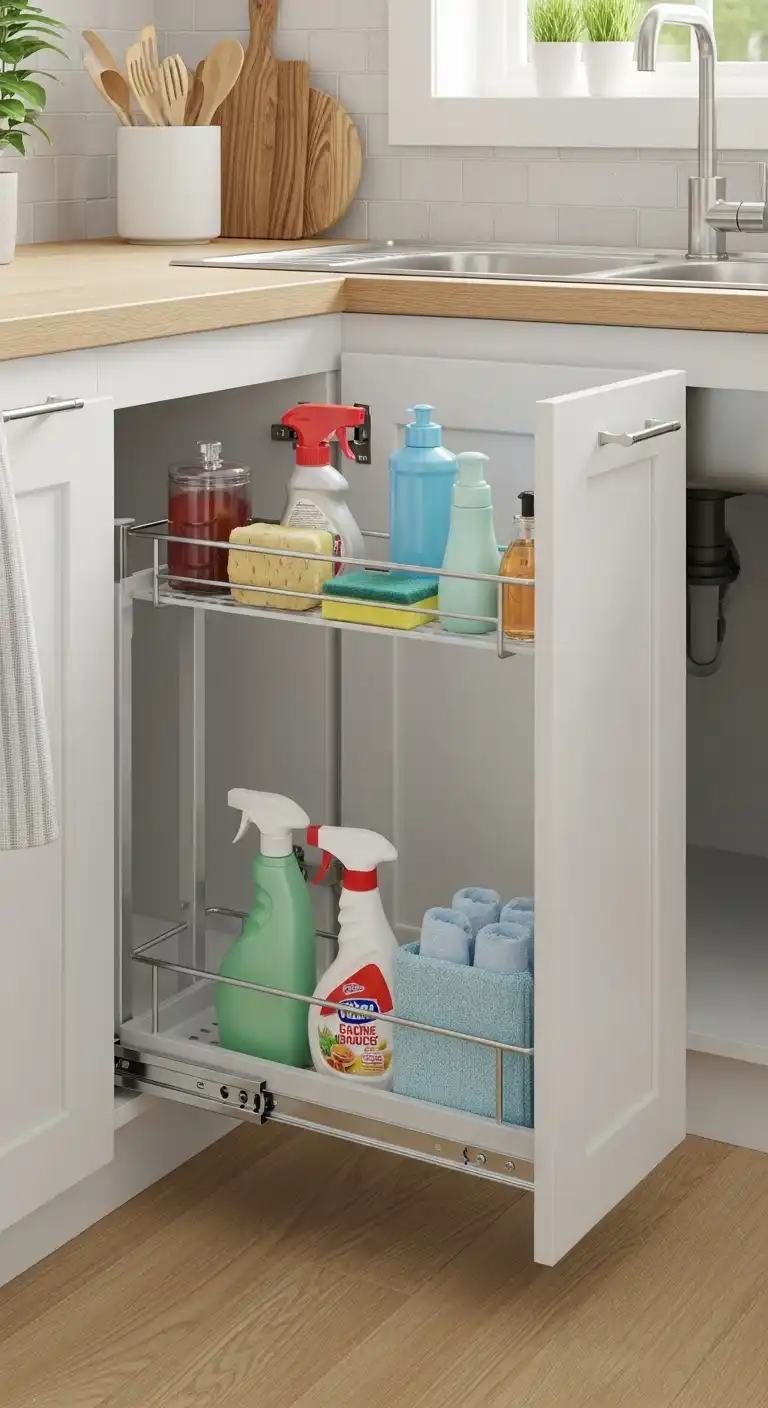 15 Kitchen Sink Cabinet Ideas for Stylish and Functional Storage Solutions 13 13) Sink cabinet with pull-out cleaning caddy