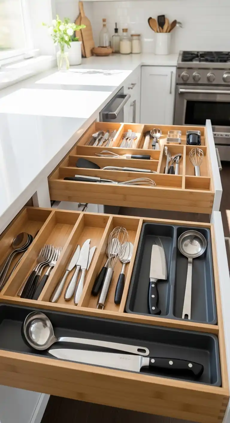 13 Use drawer organizers customized for utensils and tools