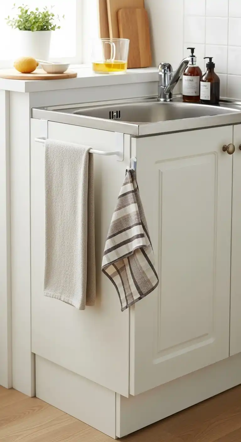 15 Kitchen Sink Cabinet Ideas for Stylish and Functional Storage Solutions 14 14) Compact sink cabinet with built-in towel rack