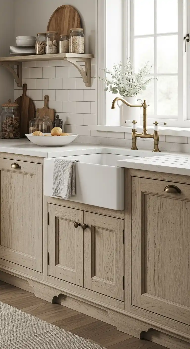15) Vintage-style sink cabinet with distressed finish