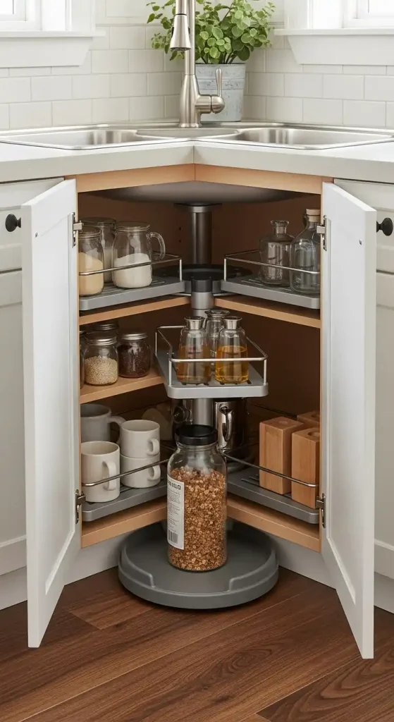15 Kitchen Sink Cabinet Ideas for Stylish and Functional Storage Solutions 2 2) Corner sink cabinet with lazy Susan storage