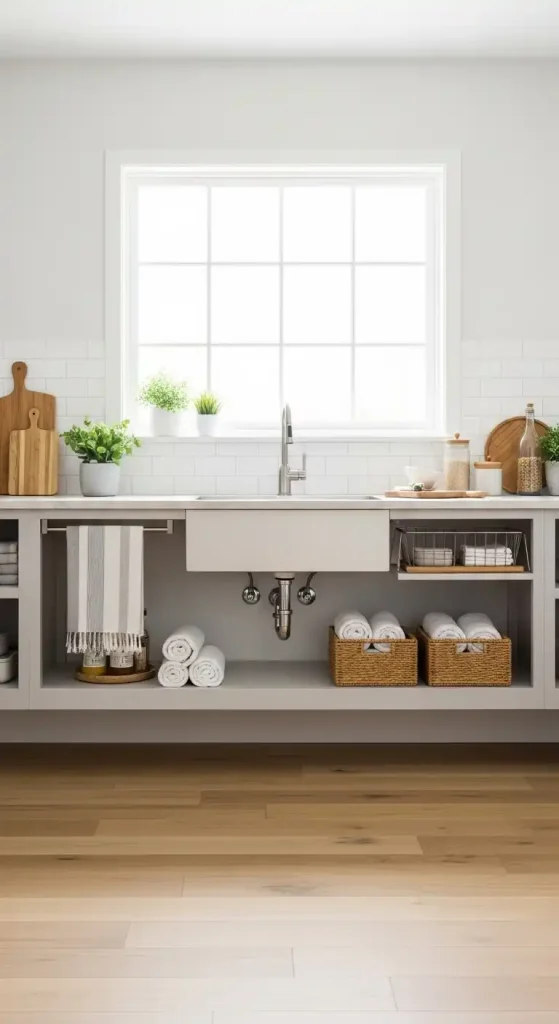 15 Kitchen Sink Cabinet Ideas for Stylish and Functional Storage Solutions 3 3) Floating sink cabinet with open shelving below
