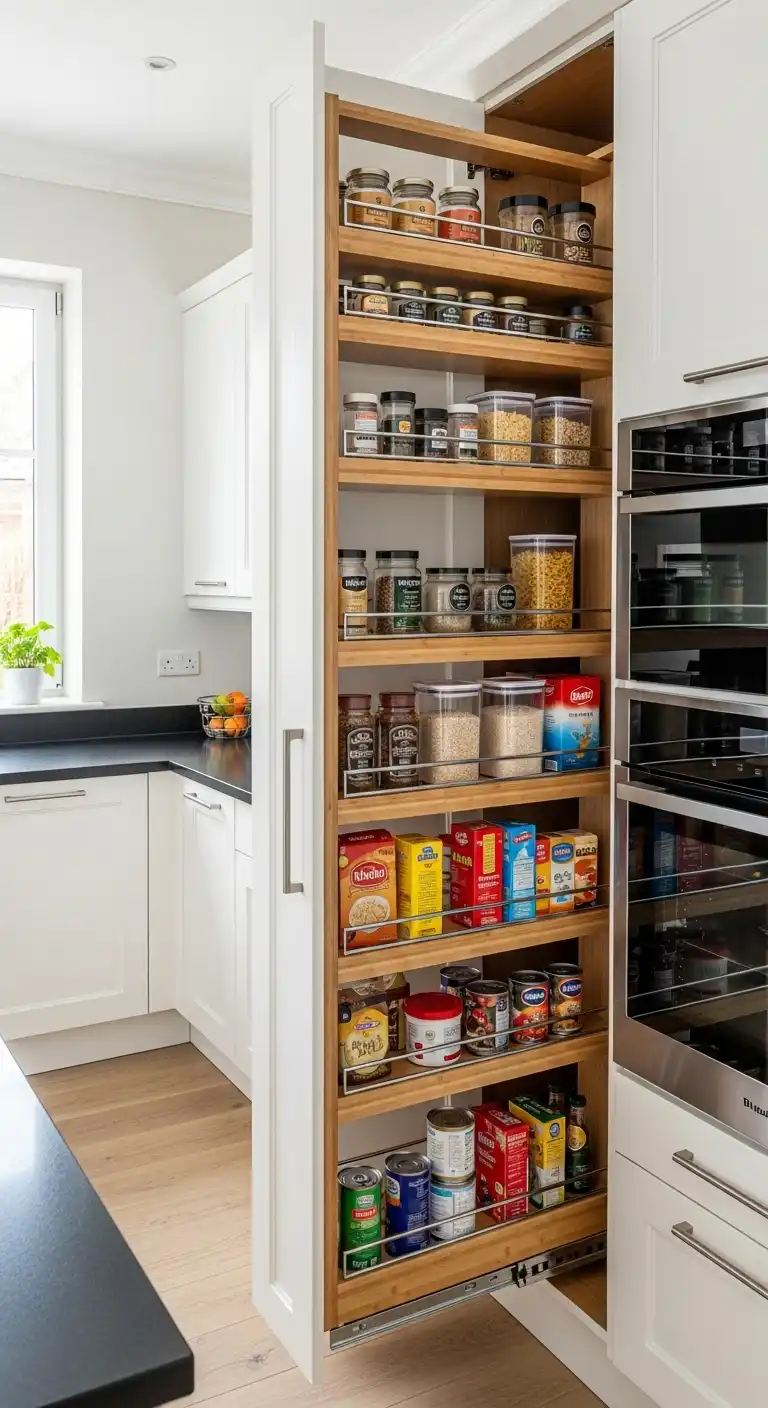 25 Small Kitchen Layout Ideas That Actually Work 3 3) Incorporate pull-out pantry shelves for extra storage