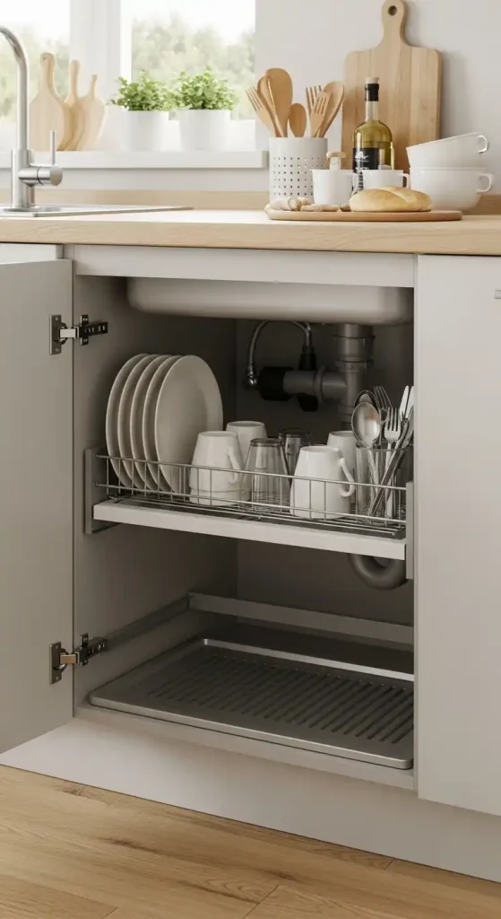 15 Kitchen Sink Cabinet Ideas for Stylish and Functional Storage Solutions 5 5) Under-sink cabinet with built-in pull-out drying rack
