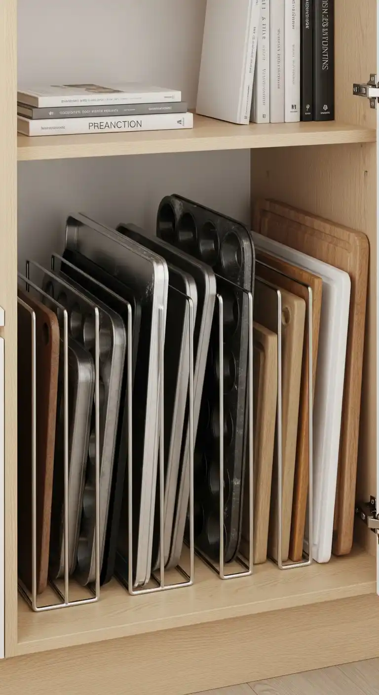 6 Use vertical storage racks for baking sheets and trays