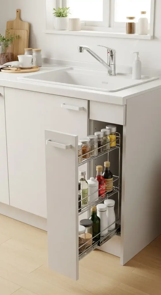 15 Kitchen Sink Cabinet Ideas for Stylish and Functional Storage Solutions 7 7) Single-door sink cabinet with slide-out spice racks