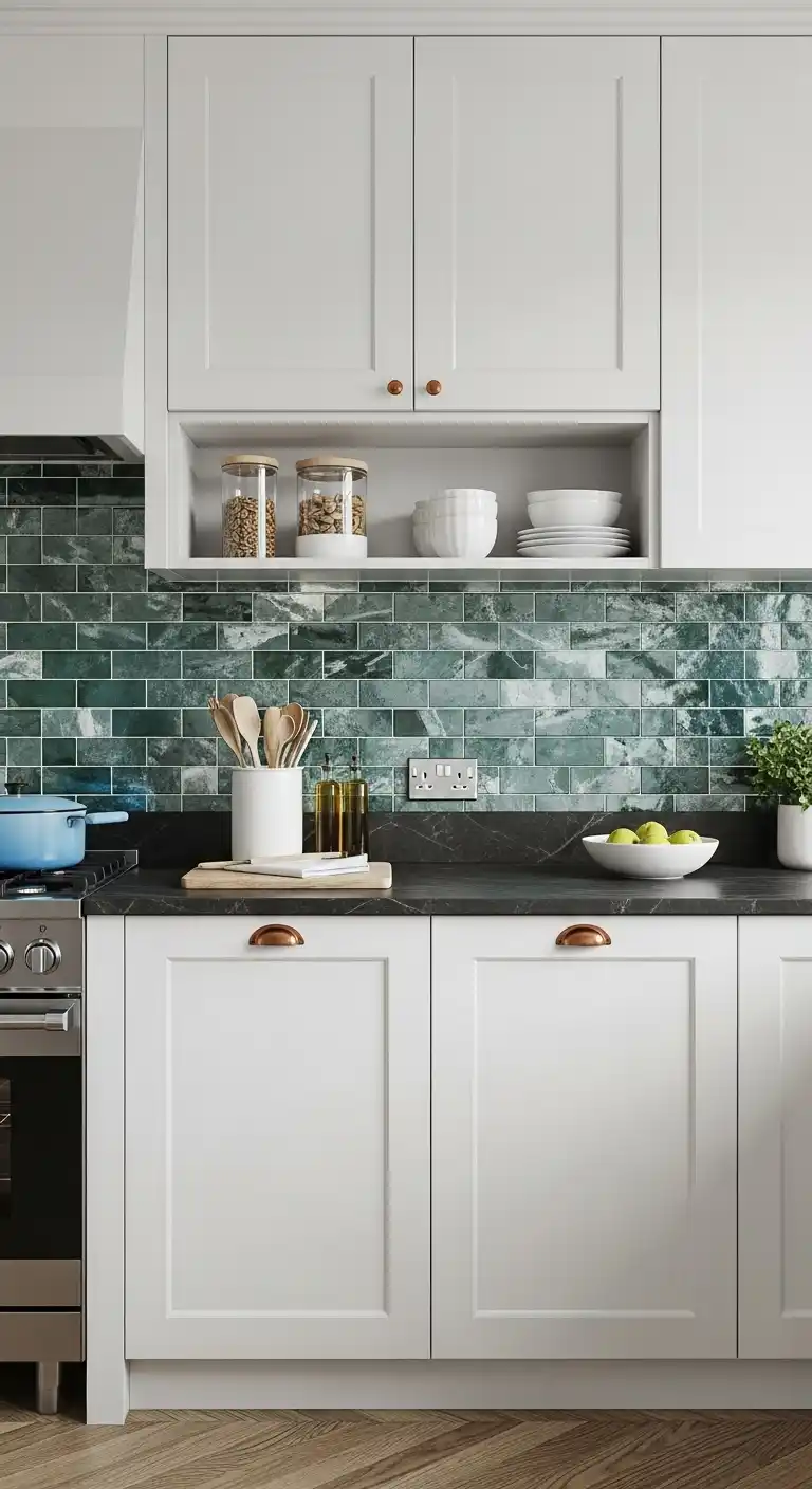 8 Opt for a backsplash with reflective tiles to brighten the area