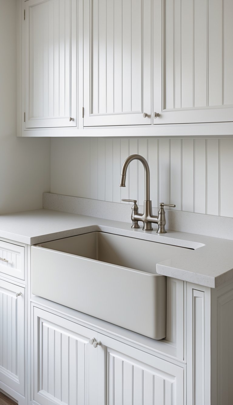 15 Kitchen Sink Cabinet Ideas for Stylish and Functional Storage Solutions 4 A kitchen sink cabinet with beadboard panels and a deep rectangular sink under a stainless steel faucet.
