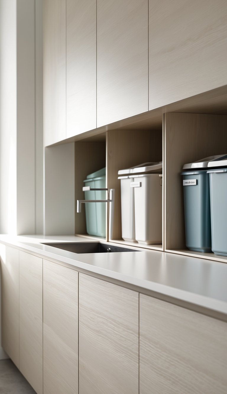 15 Kitchen Sink Cabinet Ideas for Stylish and Functional Storage Solutions 8 A kitchen sink cabinet with a built-in recycling center containing multiple organized bins for different materials.