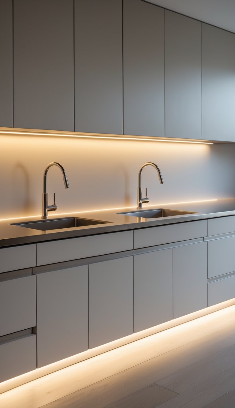 15 Kitchen Sink Cabinet Ideas for Stylish and Functional Storage Solutions 9 A modern kitchen double sink cabinet with under-counter lighting and polished countertops.