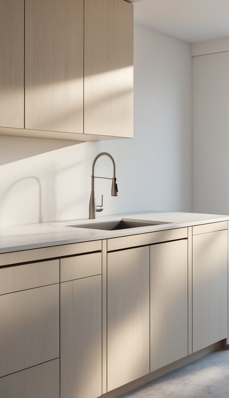 15 Kitchen Sink Cabinet Ideas for Stylish and Functional Storage Solutions 10 Tall kitchen sink cabinet with a pull-down faucet over a white sink and light wood storage beneath.