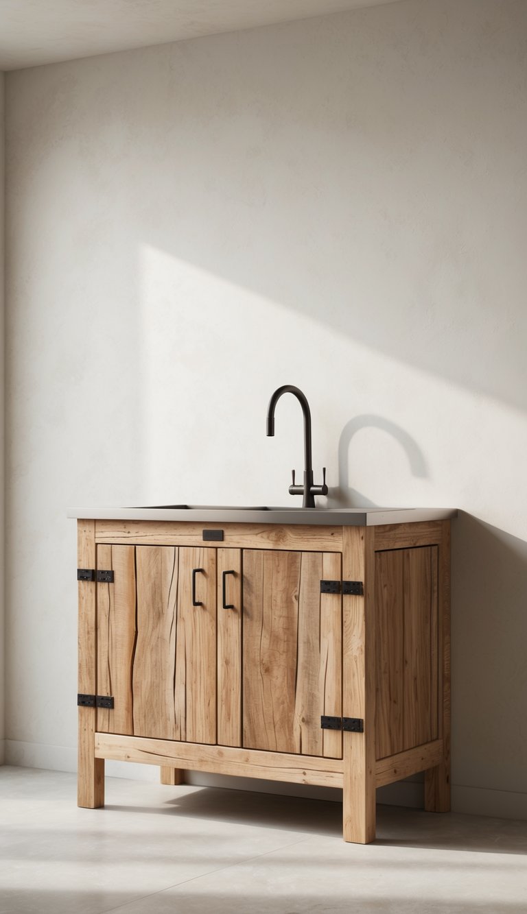 15 Kitchen Sink Cabinet Ideas for Stylish and Functional Storage Solutions 11 A rustic wood kitchen sink cabinet with metal handles and a modern faucet against a plain background.