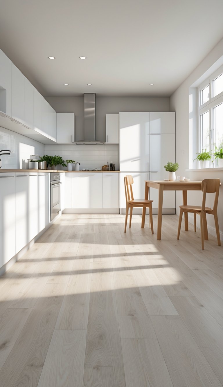 17 Cheap Kitchen Flooring Ideas for Stylish and Affordable Upgrades 2 Modern kitchen with light wood laminate flooring, white cabinets, stainless steel appliances, and a small dining table.