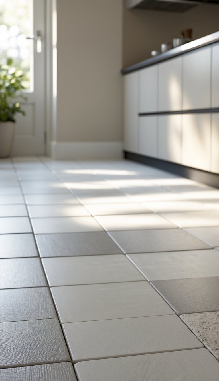 17 Cheap Kitchen Flooring Ideas for Stylish and Affordable Upgrades 3 Close-up view of a modern kitchen floor with linoleum panels installed, showing a clean and simple kitchen interior.