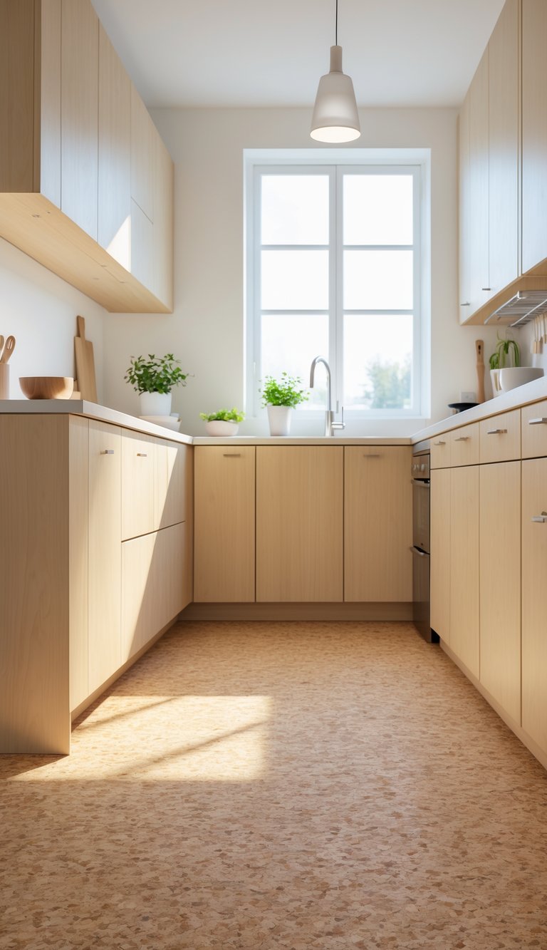 17 Cheap Kitchen Flooring Ideas for Stylish and Affordable Upgrades 4 Modern kitchen interior with warm cork flooring, light wooden cabinets, and a white countertop.