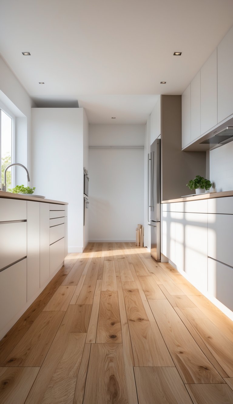 17 Cheap Kitchen Flooring Ideas for Stylish and Affordable Upgrades 5 Modern kitchen interior with engineered wood flooring and white cabinets, illuminated by natural light.