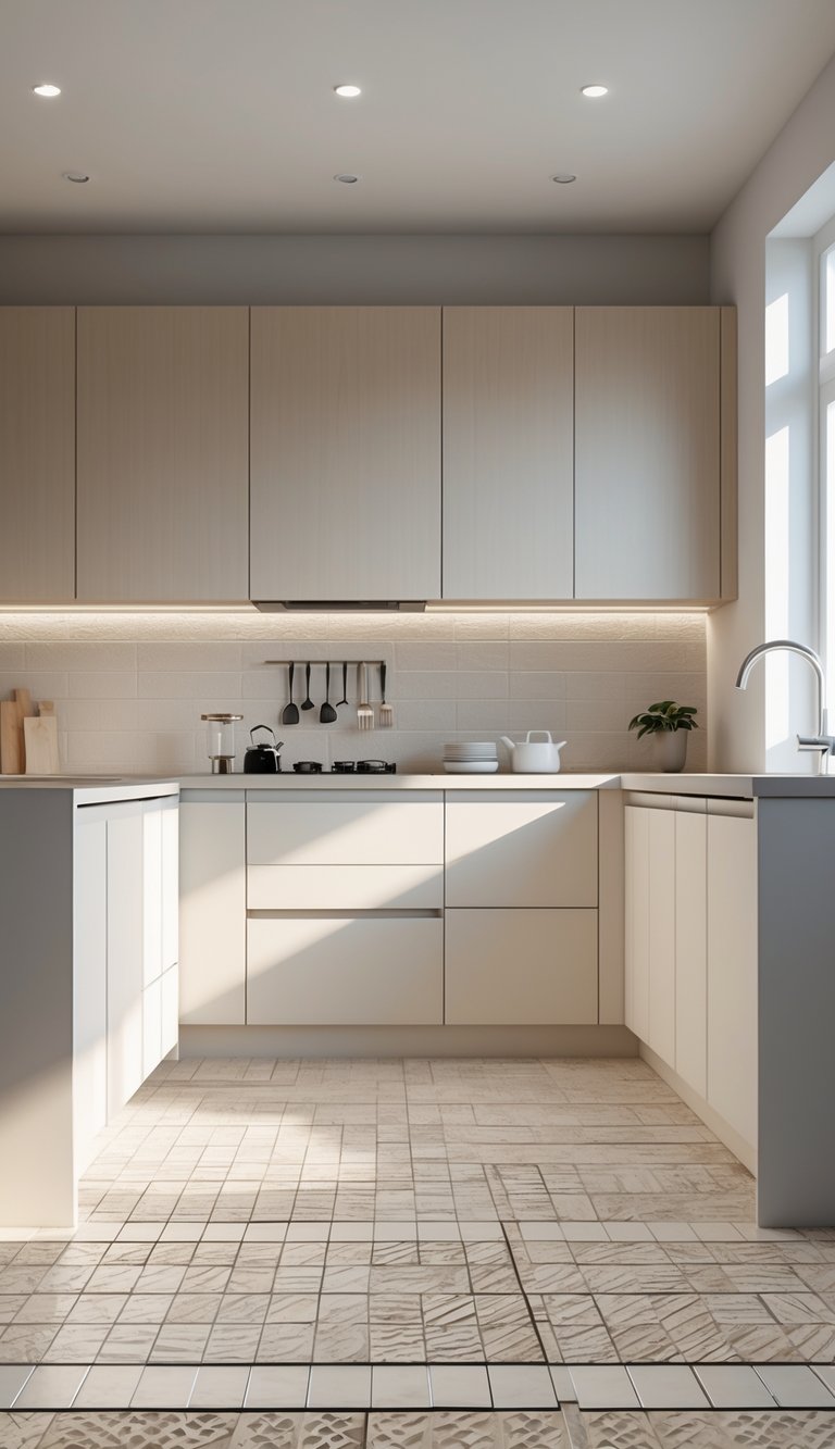 17 Cheap Kitchen Flooring Ideas for Stylish and Affordable Upgrades 6 A modern kitchen with light ceramic tile flooring, simple cabinetry, and natural daylight.