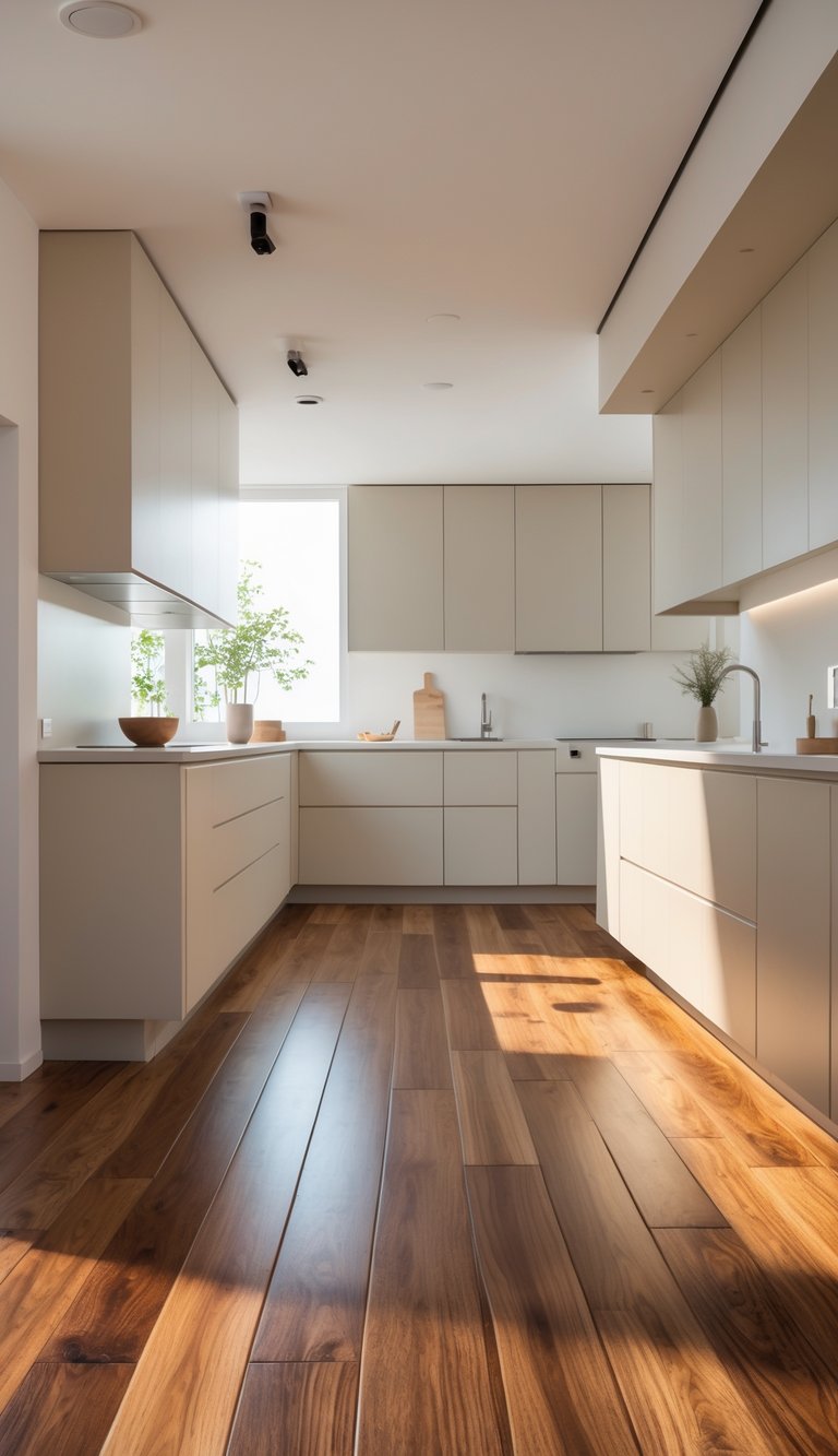 17 Cheap Kitchen Flooring Ideas for Stylish and Affordable Upgrades 7 Modern kitchen with polished hardwood floors, simple cabinetry, and natural light.