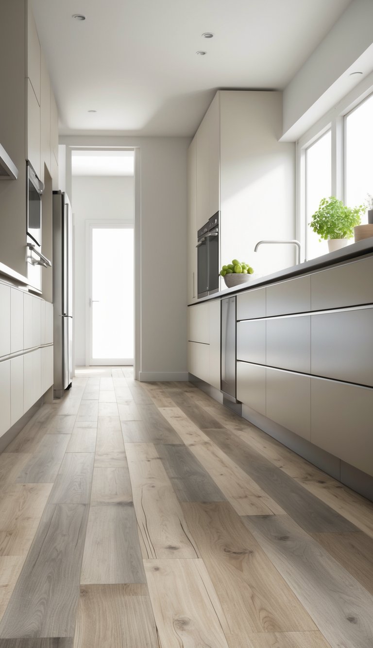 17 Cheap Kitchen Flooring Ideas for Stylish and Affordable Upgrades 8 A modern kitchen with floating laminate floors and minimal furnishings.