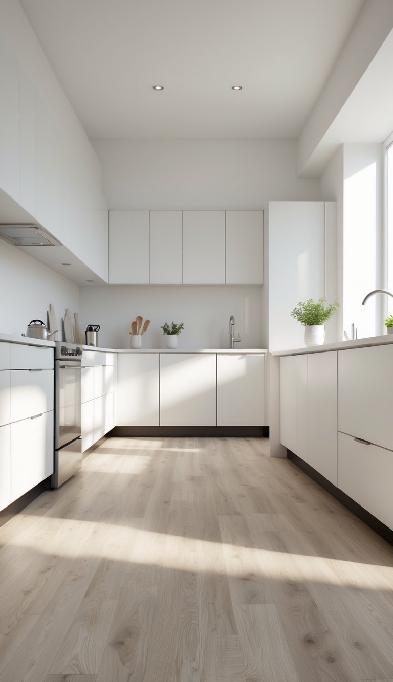 17 Cheap Kitchen Flooring Ideas for Stylish and Affordable Upgrades 9 Modern kitchen with light oak vinyl sheet flooring, white cabinets, and stainless steel appliances.