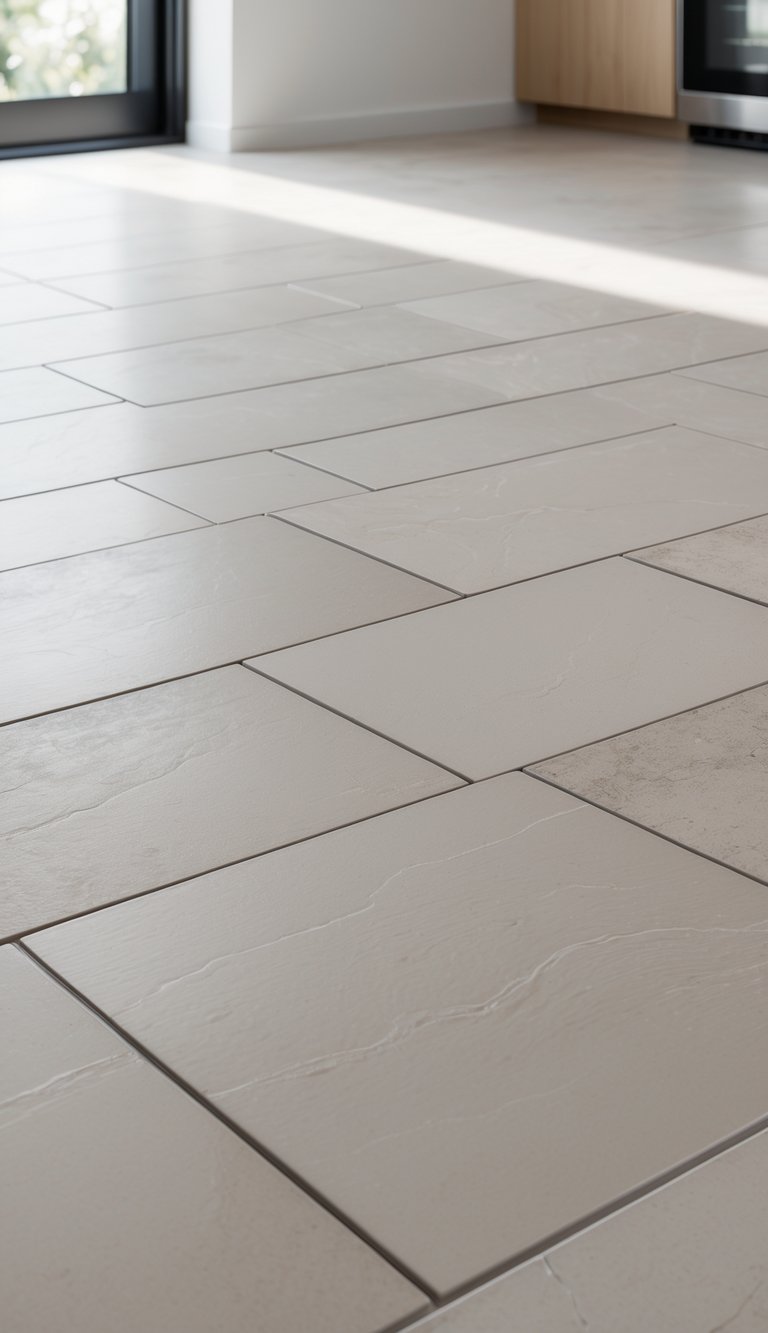 17 Cheap Kitchen Flooring Ideas for Stylish and Affordable Upgrades 10 Close-up of a modern kitchen floor with neutral porcelain tiles arranged in a simple pattern.