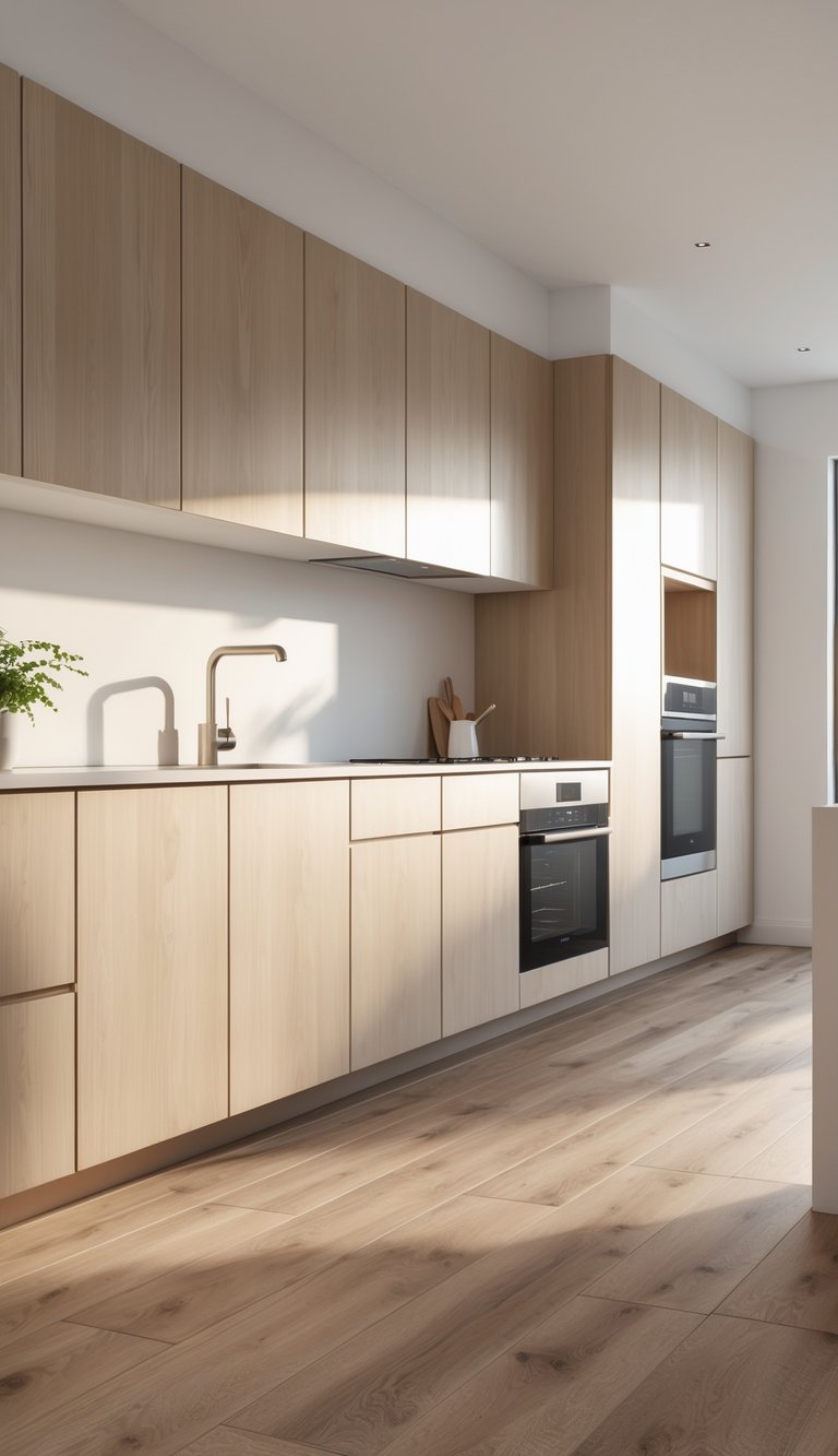 17 Cheap Kitchen Flooring Ideas for Stylish and Affordable Upgrades 11 A modern kitchen with luxury vinyl tile flooring, light wood cabinets, white countertops, and natural light.