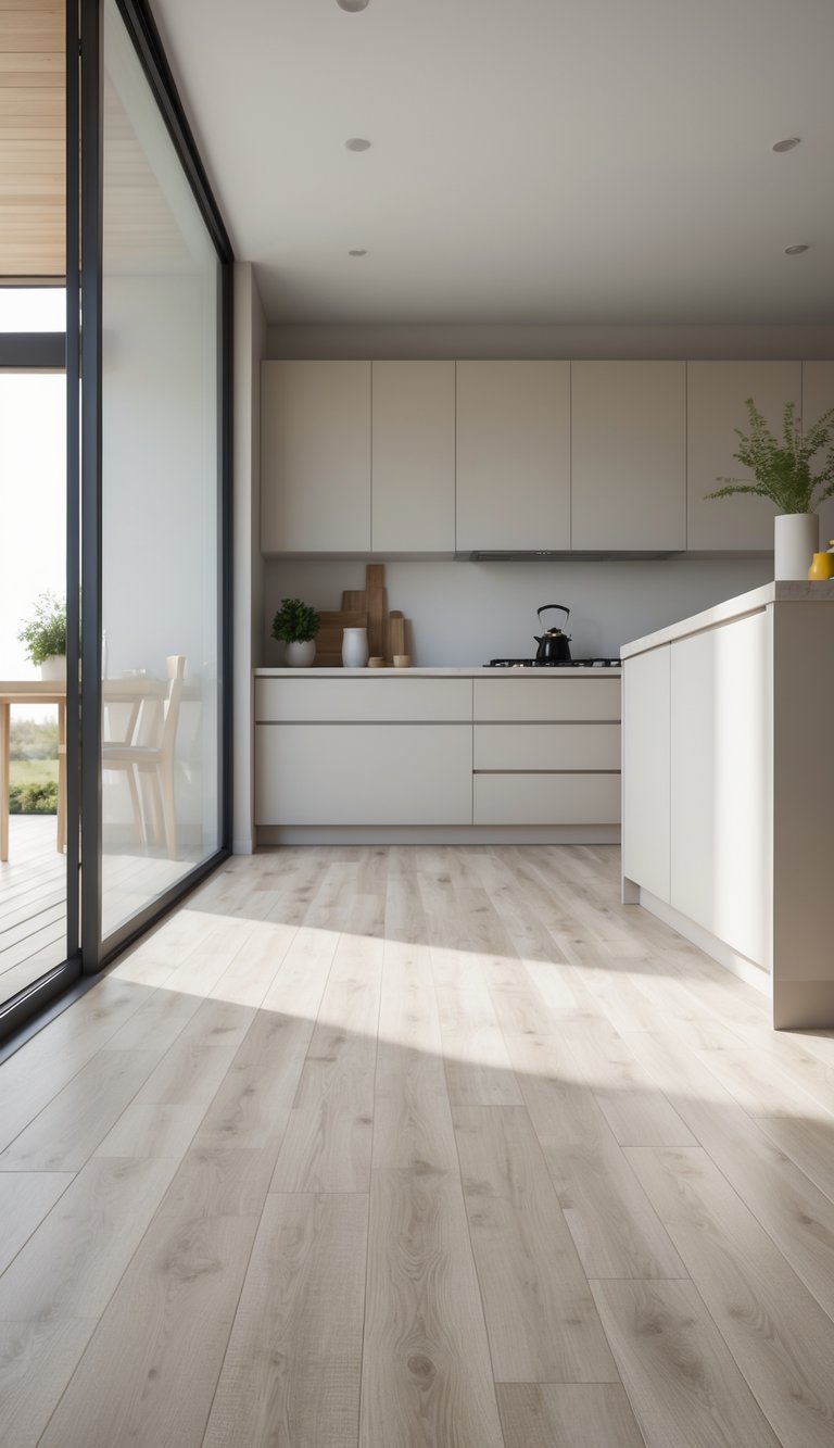 17 Cheap Kitchen Flooring Ideas for Stylish and Affordable Upgrades 12 Modern kitchen interior with light-colored wood grain flooring and minimal furnishings.