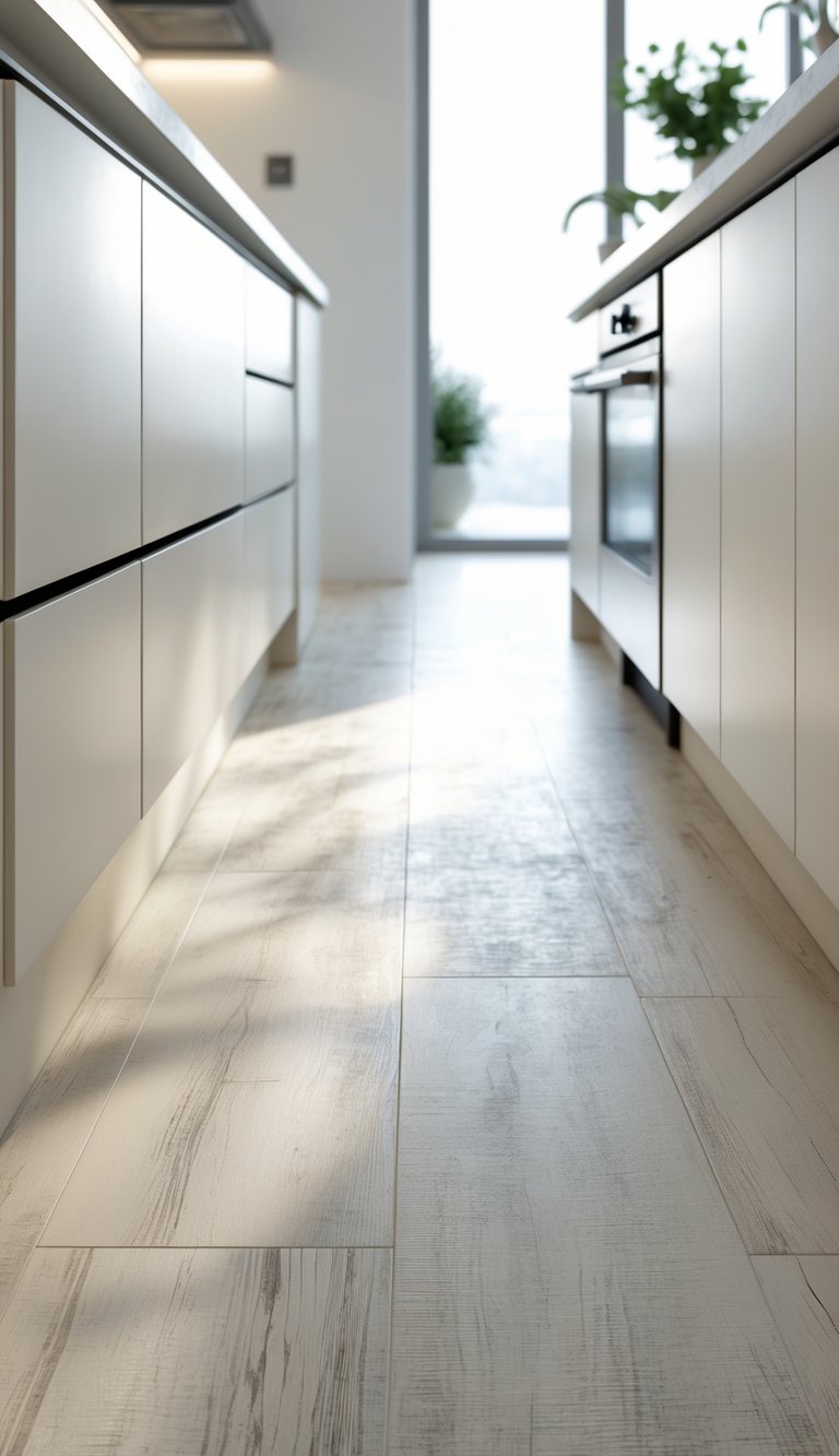 17 Cheap Kitchen Flooring Ideas for Stylish and Affordable Upgrades 13 Close-up view of a modern kitchen floor with water-resistant sheet vinyl flooring in a bright, clean kitchen space.